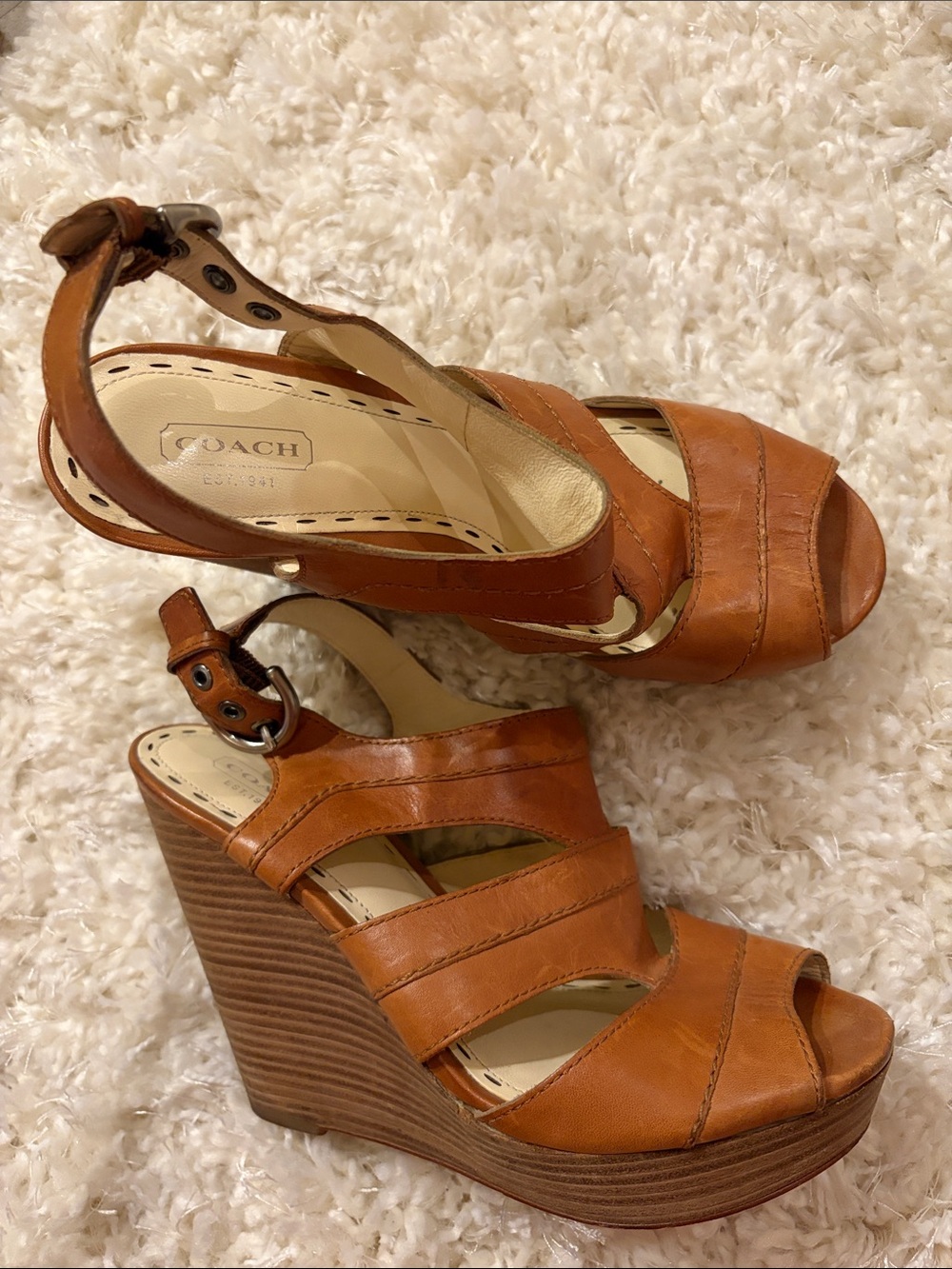 Coach Cognac Leather Strappy Wedge Sandals